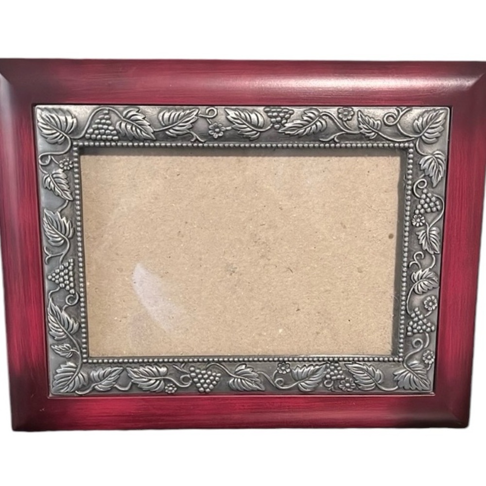 4X6 Picture Frame Red Wood Silver Grapevine Design